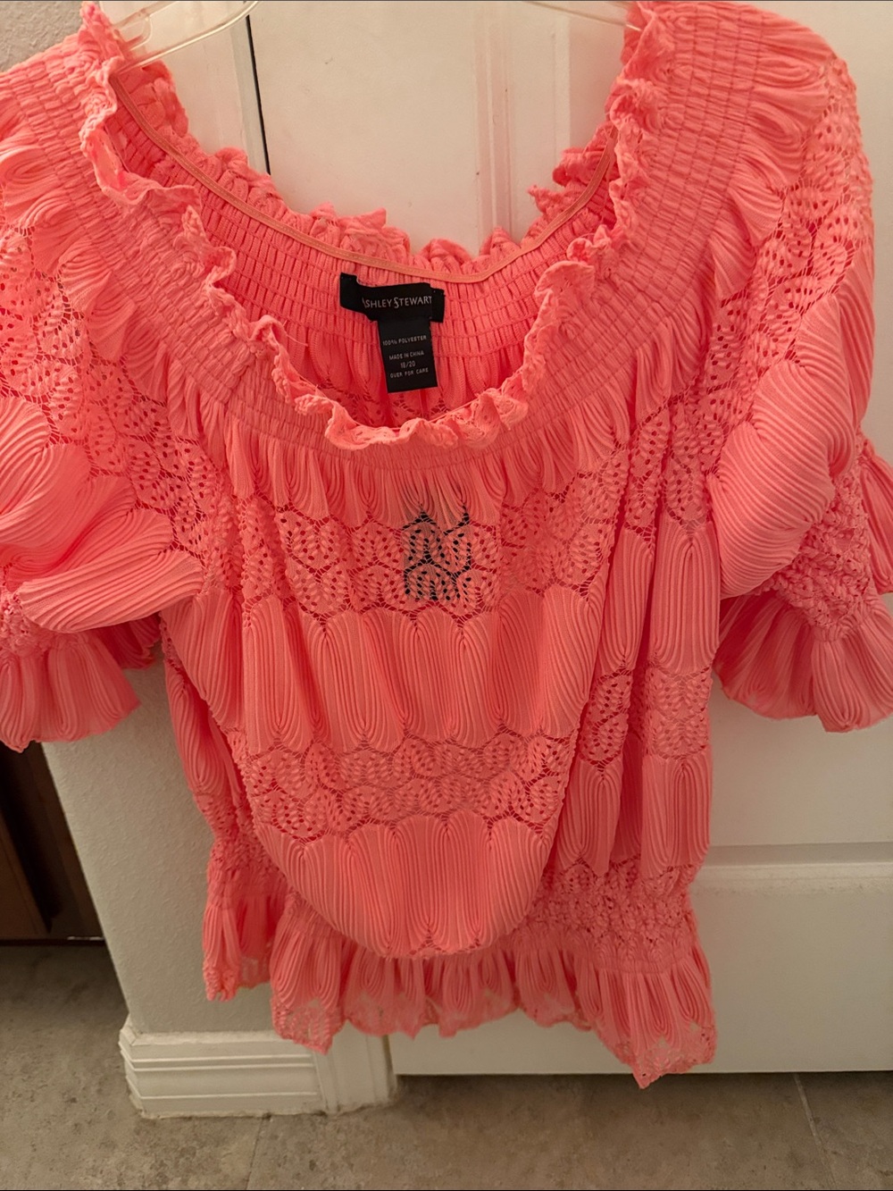 Ashley Stewart Coral Smocked Puff Sleeve Blouse